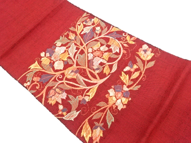 手織り紬花葉模様織出し名古屋帯